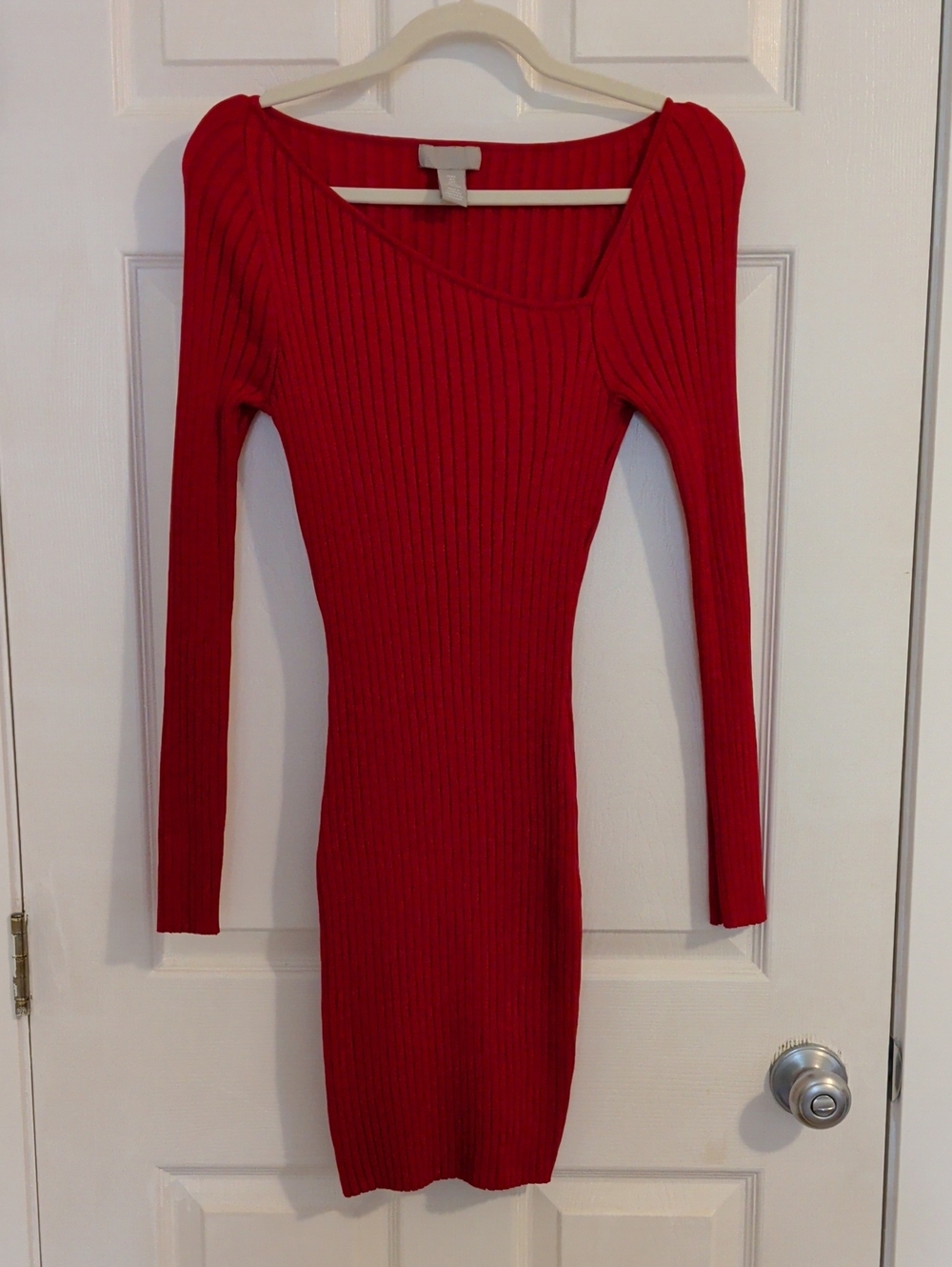 H&M Red Ribbed Long-Sleeve Bodycon Dress S